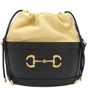 Gucci Shoulder Bag Horsebit Bucket Bag Leather Black And Beige Gold Hardware